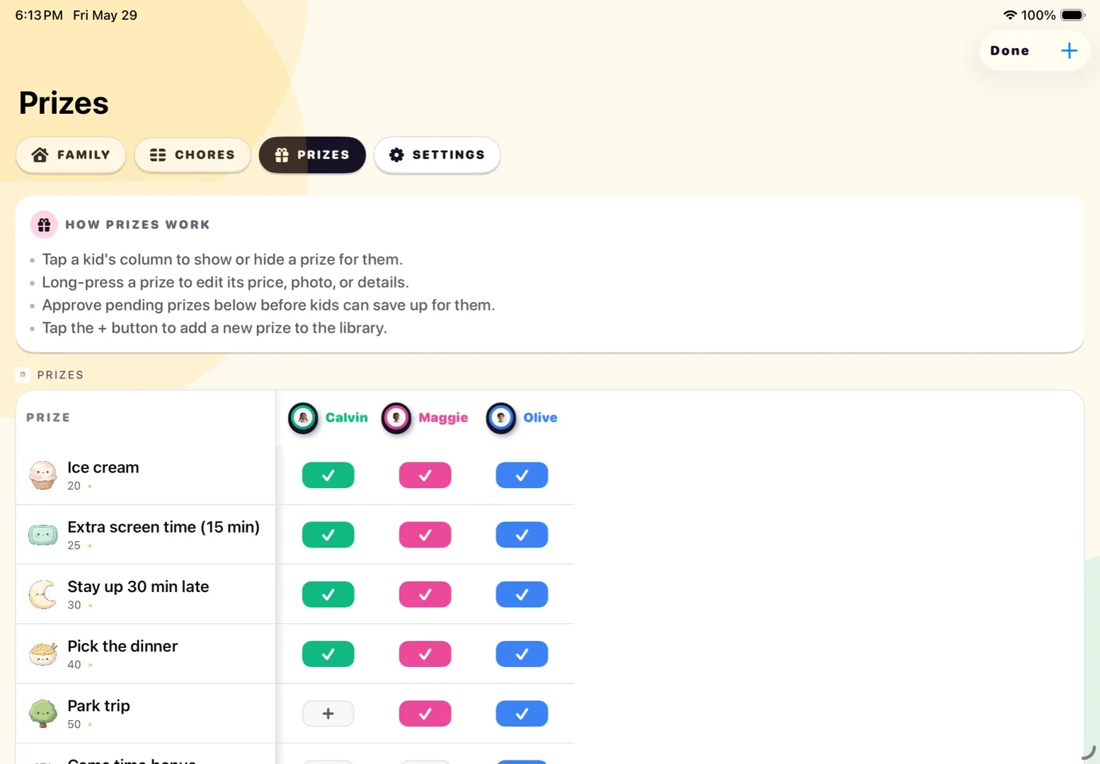 Posso's parent view — a shared prize library kids can save their stars toward.